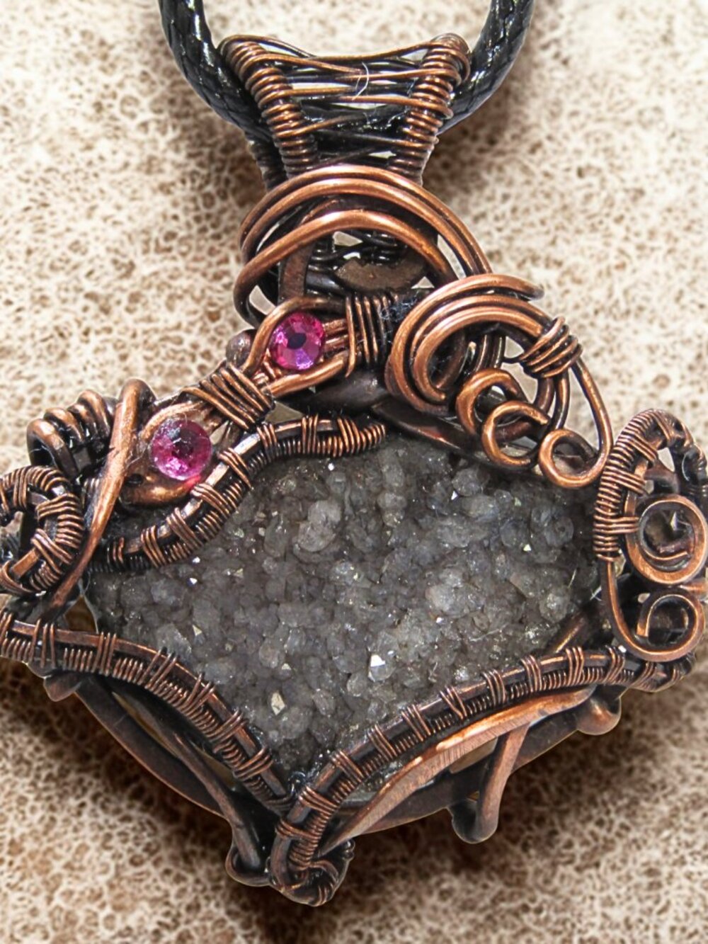 Handmade Wire Wrapped Obsidian Druzy Pendant, Raw Copper Wire, Oxidized/ waxed - Picture 4 of 6